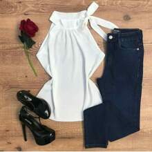 Women's High Neck Tie-Up Blouse With Bow Neck - Blanco - Ver 3