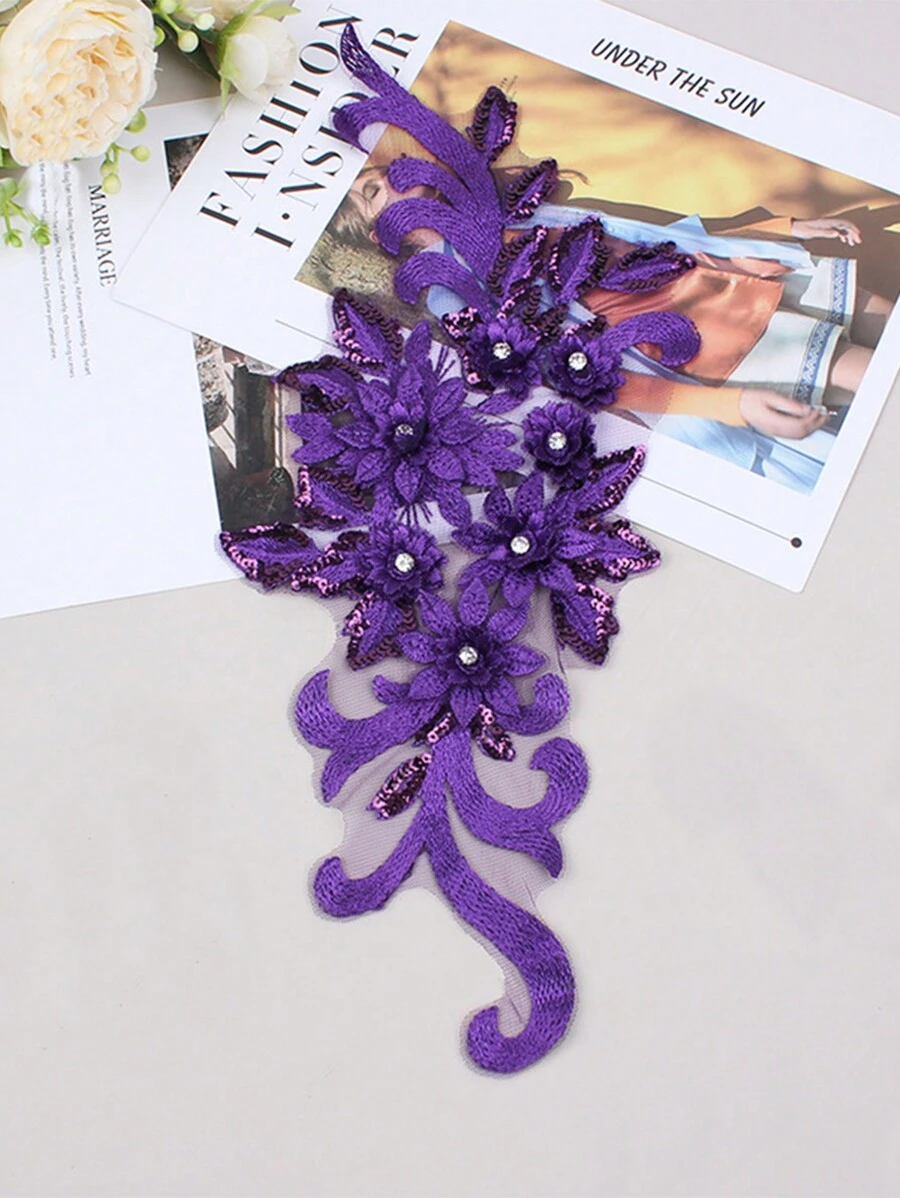 Xdh2490款3d刺繡帶珠片鑲嵌,婚紗配件,網紗及花邊diy服飾修飾,單朵花式貼片/長度:39cm/寬度:16cm