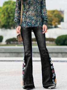 Sunflower Embroidered Wide Leg Jeans - Black - View 1