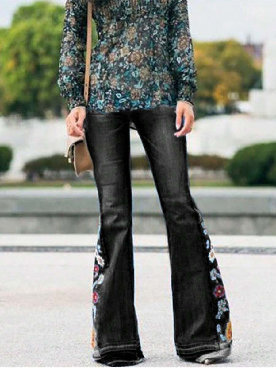 Sunflower Embroidered Wide Leg Jeans - Black - View 1
