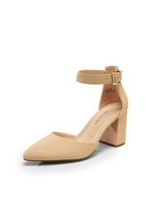 Women's Classic Closed Pointed Toe High Chunky Ankle Strap Heels Pumps  Dress Shoes Fashionable And Elegant For Wedding Office Party, 3 Inches - Màu be - Xem 3