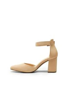 Women's Classic Closed Pointed Toe High Chunky Ankle Strap Heels Pumps  Dress Shoes Fashionable And Elegant For Wedding Office Party, 3 Inches - Màu be - Xem 6