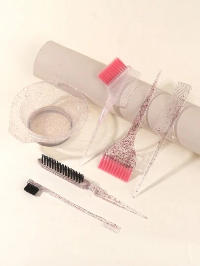 6件套闪光透明粉色染发剂套装，专业染发工具套装，含搅拌碗、刷子和梳子，适用于沙龙和家庭DIY使用