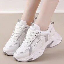 全新秋季女用皮革運動跑步鞋、休閒運動鞋 - 灰色 - 查看 3