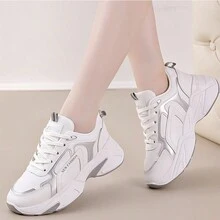 全新秋季女用皮革運動跑步鞋、休閒運動鞋 - 灰色 - 查看 4