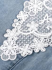 Annil Tween Girl Spring And Autumn Retro Lace Pattern Lapels Long Sleeve Denim Dress - Blue - View 9