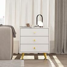 Morden Nightstand End Side Table With 3 Drawers, Bedside Table With Metal Legs, White