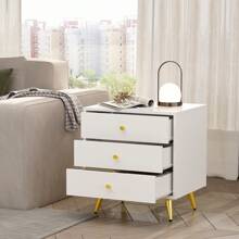 Morden Nightstand End Side Table With 3 Drawers, Bedside Table With Metal Legs, White