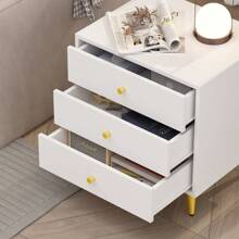 Morden Nightstand End Side Table With 3 Drawers, Bedside Table With Metal Legs, White