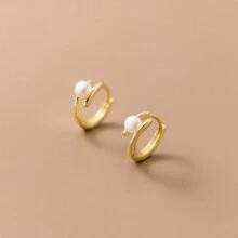 一对法式优雅双层珍珠装饰弧形珍珠圈形耳环 - 金黃色 - 查看 3