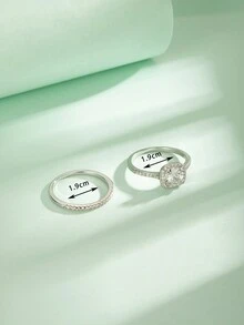 2入組奢華幾何大號aaa鉆石做工銀色戒指,女士多重組合婚禮首飾禮物 - 銀色 - 查看 9