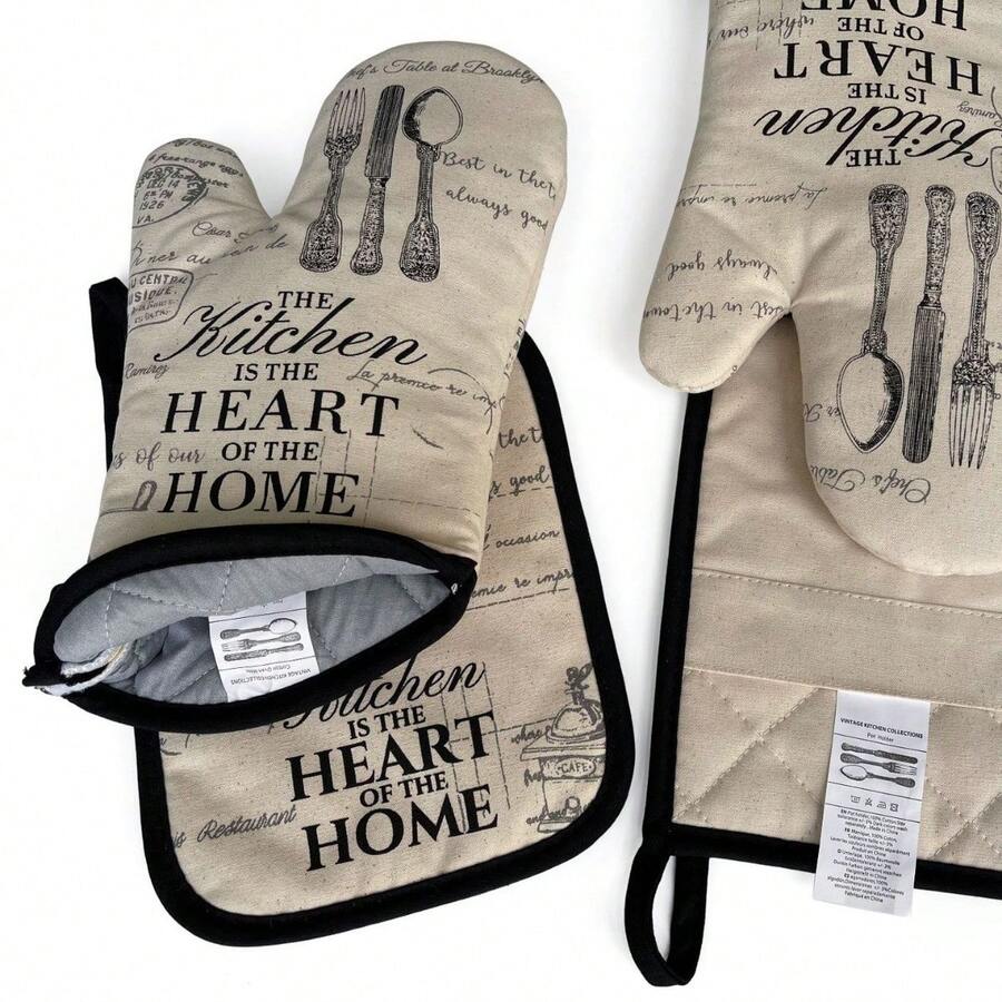 1只加厚微波爐手套和1對墊套，適用於微波爐和烘焙，高溫防燙，廚房焗爐手套。 - 米色 - 查看 1