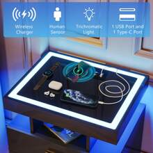 Lvifur LED Nightstand With Wireless Charging Station, Auto Sensor 3 Color Dimmable Night Stand, Modern Bedside Table With 3 Drawers & 3 Open Compartments For Bedroom
