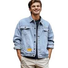 Chamarra Holgada De Moda De Mezclilla Bordada Para Hombre - Azul - Ver 6