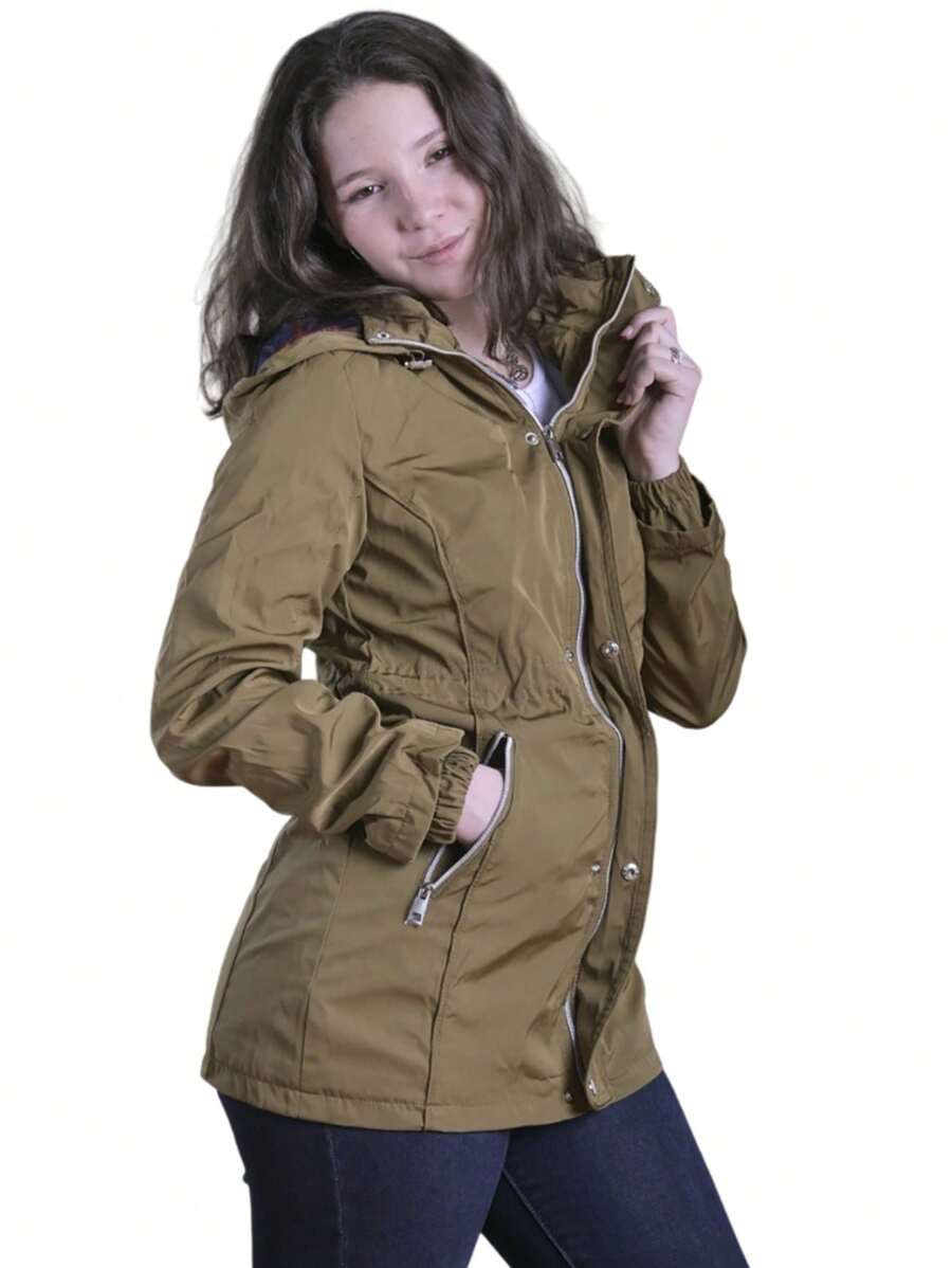 Chamarra Chaqueta Abrigo Cazadora Tipo Gabardina de Forro Interno Gorro Desmontable Dama Moda