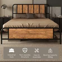 HOMCOM 4.8ft Double Bed Frame With Industrial Wood Headboard, Steel Slat Support And 25.5cm Underbed Storage Space, 145 X 199cm, Rustic Brown - Rust Brown - View 3