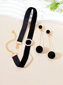 Ensemble De Bijoux De Fête Rétro De 3 Pièces Collier Ras Du Cou En Velours Noir Longue Pendentif Boucles D'oreilles À Crampons En Balle Pour Soirée De Sortie