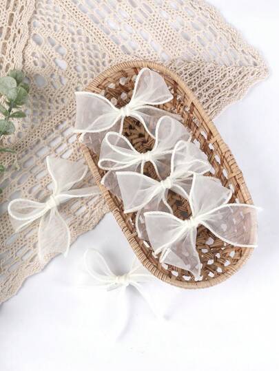 6pcs Beige Mesh Bow Hair Clips, Suitable For Girls, Minimalist Teenage Hair Accessories