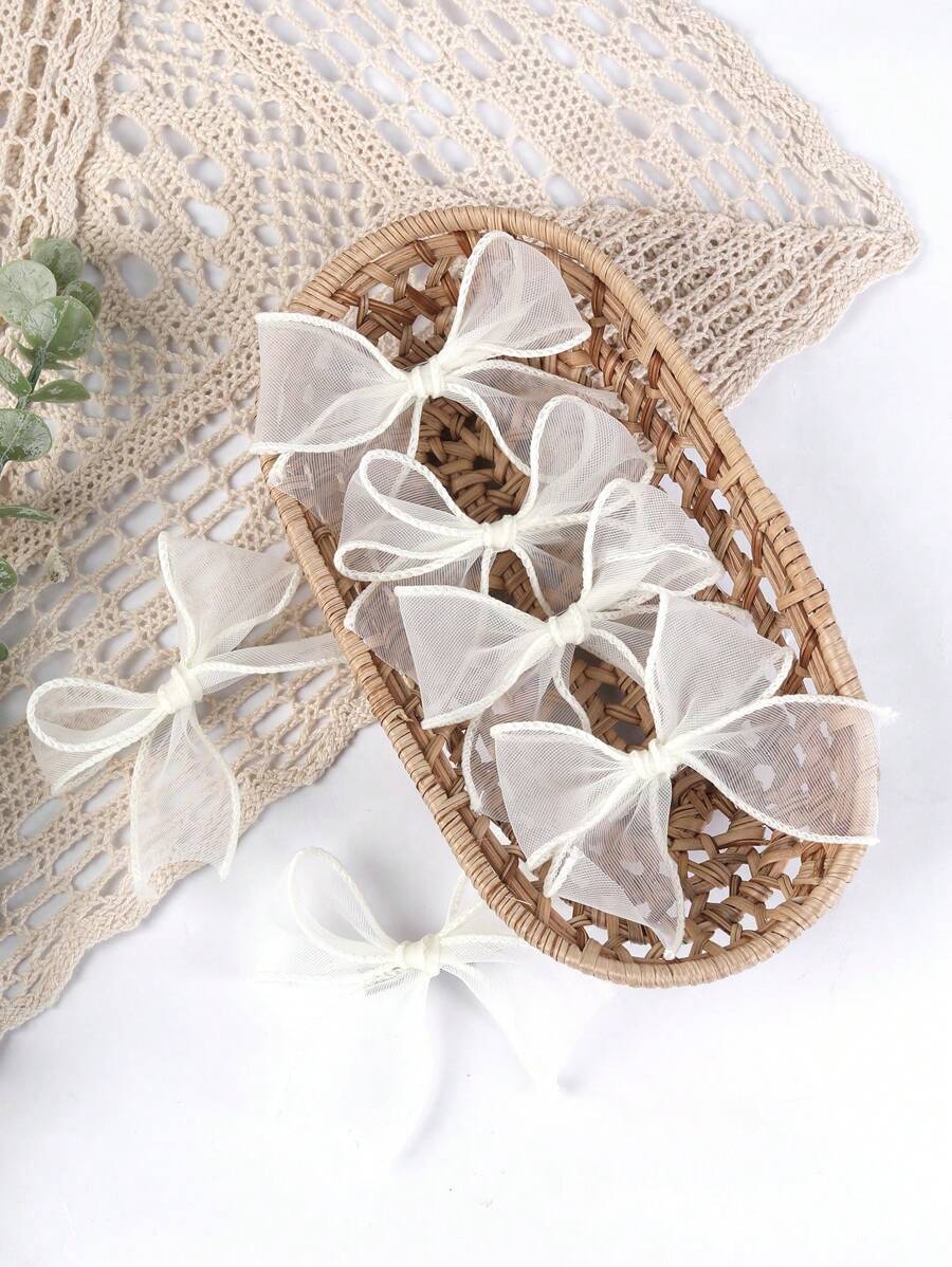 6pcs Beige Mesh Bow Hair Clips, Suitable For Girls, Minimalist Teenage Hair Accessories - White - View 1