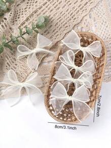 6pcs Beige Mesh Bow Hair Clips, Suitable For Girls, Minimalist Teenage Hair Accessories - White - View 6