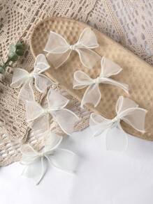 6pcs Beige Mesh Bow Hair Clips, Suitable For Girls, Minimalist Teenage Hair Accessories - White - View 4