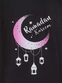 2 szt./zestaw Tween dziewczynka Dopasowanie do Śliczny Księżyc & Lampki Nocne & Meczet Nadruk Krótki Rękaw Koszulka  I Długi Spodnie , Letni casual Wygodny Komplety piżamowe - Czarne - Zobacz 3