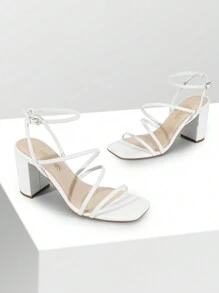 Women Chunky Heeled Sandals For Spring And Summer, Gorgeous Thin Strap Rhinestone High Heeled Sandals  For Wedding, Party, Prom - trắng - Xem 4