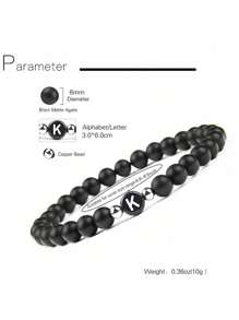 1 件优雅简约风格 26 个字母雕刻黑色哑光玛瑙串珠弹性手链，适合青少年、学生、朋友、姓名首字母手链礼物 - 黑色 - 查看 6