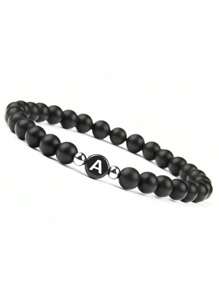 1 件优雅简约风格 26 个字母雕刻黑色哑光玛瑙串珠弹性手链，适合青少年、学生、朋友、姓名首字母手链礼物 - 黑色 - 查看 3