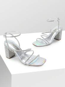 Women Chunky Heeled Sandals For Spring And Summer, Gorgeous Thin Strap Rhinestone High Heeled Sandals  For Wedding, Party, Prom - 銀色/萊茵石 - 查看 9