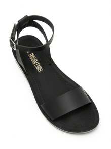 Women'S One Band Ankle Strap Buckle Flat Sandals - 全黑-Pu - 查看 7