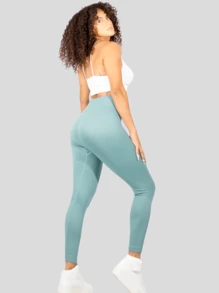 Wide-Waisted Stretch Ribbed Sports Leggings Women's Sports Tights - Mint Blue - View 3