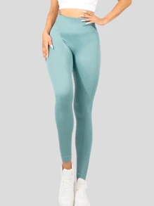 Wide-Waisted Stretch Ribbed Sports Leggings Women's Sports Tights - Mint Blue - View 1