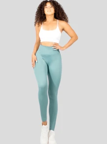 Wide-Waisted Stretch Ribbed Sports Leggings Women's Sports Tights - Mint Blue - View 2