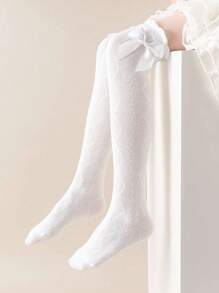 1pair Kids' White Mesh Butterfly & Lace Trim Over Knee Socks Suitable For Daily Wear - White - View 8