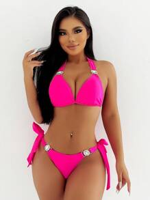 New Arrival Bikini Set With Sparkling Rhinestones For A Fashionable & Sexy Bikini Set Look Summer Beach - Hot Pink - View 1