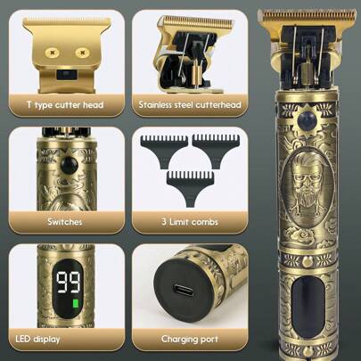 1 件男士理发器，可充电电动专业美容修剪套装，胡须 T 刀片衬里修剪器电动剃须刀，无绳理发器理发用品，适用于身体面部胡须修饰，男士圣诞礼物