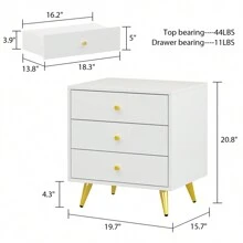 Morden Nightstand End Side Table With 3 Drawers, Bedside Table With Metal Legs, White