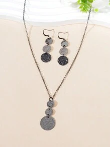 3pcs Vintage Jewelry Set, Black Disc Long Pendant Necklace, Earrings, Suitable For Women's Party, Daily And Work Outfits - Gun Black - View 3