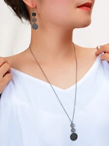 3pcs Vintage Jewelry Set, Black Disc Long Pendant Necklace, Earrings, Suitable For Women's Party, Daily And Work Outfits - Gun Black - View 2