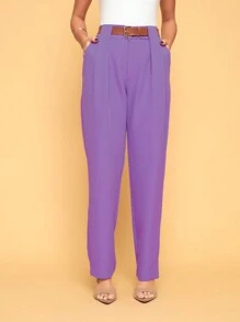 Calça Longa Feminina Elegante Com Cinto Modelo Reta e Liso Cintura Alta com Botões e Zíper Tecido Alfaiataria Elegante / Diário / 2024