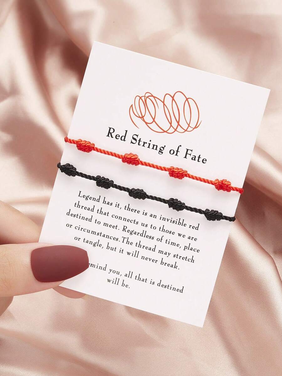 2pcs/Set Red And Mixed Color Adjustable Knotted Friendship Bracelets With 7 Knots Paper Card "Red String Of Fate" - Multicolor - View 1