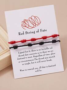 2pcs/Set Red And Mixed Color Adjustable Knotted Friendship Bracelets With 7 Knots Paper Card "Red String Of Fate" - Multicolor - View 2