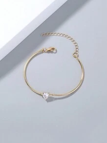 Nooxian 1pc Heart Shaped Cubic Zirconia Decor Bent Tube Bangle - Yellow Gold - View 4