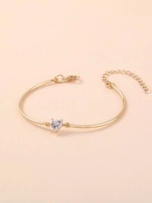 Nooxian 1pc Heart Shaped Cubic Zirconia Decor Bent Tube Bangle - Yellow Gold - View 3