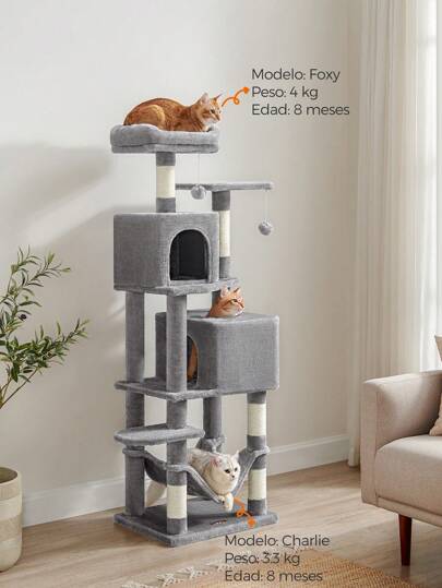 Feandrea Árbol para Gatos de 155 cm de Altura, Rascador para Gatos con 5 Postes, 2 Plataformas, 2 Cuevas, Hamaca, 2 Pompones, Felpa Multicapa, Gris Claro