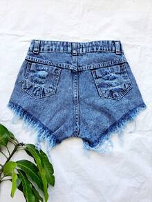 Women Denim Shorts - 中等水洗藍 - 查看 2