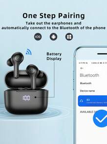 藍牙耳機，真無線耳塞，具有LED電源顯示大容量充電盒，防水IPX7觸摸控制立體聲入耳式耳機，帶4個內置麥克風，適用於/ / Android - 黑色 - 查看 6