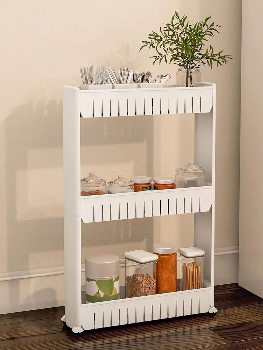 1pc White Narrow Shelving Rack For Kitchen, Bathroom, Refrigerator Storage With Wheels