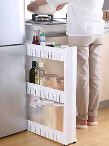 1pc White Narrow Shelving Rack For Kitchen, Bathroom, Refrigerator Storage With Wheels - White - View 3